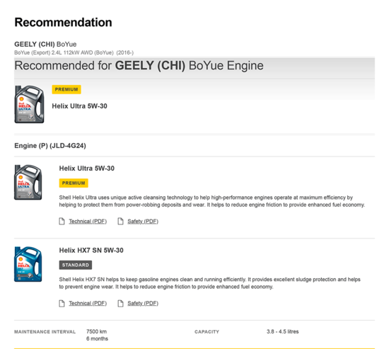 Shell-LubeMatch-_-Shell-China-Geely-Boyue.png (62.1 КБ) 18669 просмотров Подбор масла Shell по региону Китай для GEELY (CHI) BoYue<br />BoYue (Export) 2.4L 112kW AWD (BoYue) (2016-)