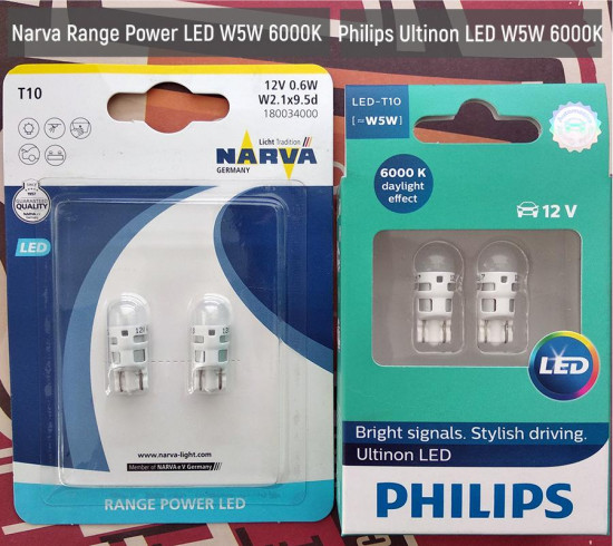 1) Narva Range Power LED W5W 12V 1,1W (W2,1x9,5d) T10 LED 6000K (блистер 2 шт.)<br />2) Philips Ultinon LED W5W 6000K (2 шт.)